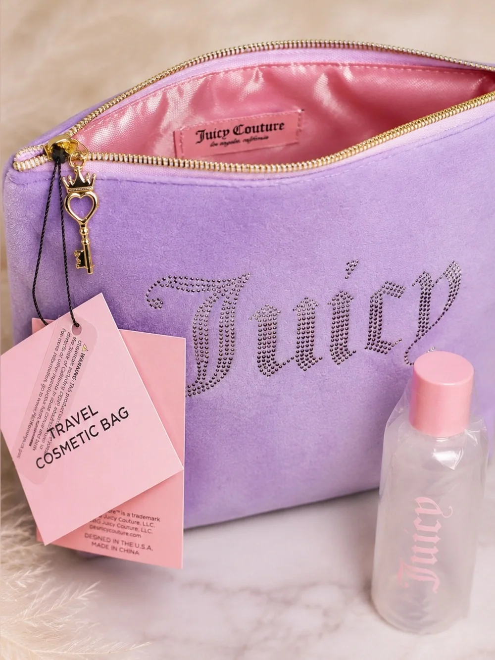 Juicy Couture Lavender Velour Rhinestone Makeup Bag + Travel Bottle NWT